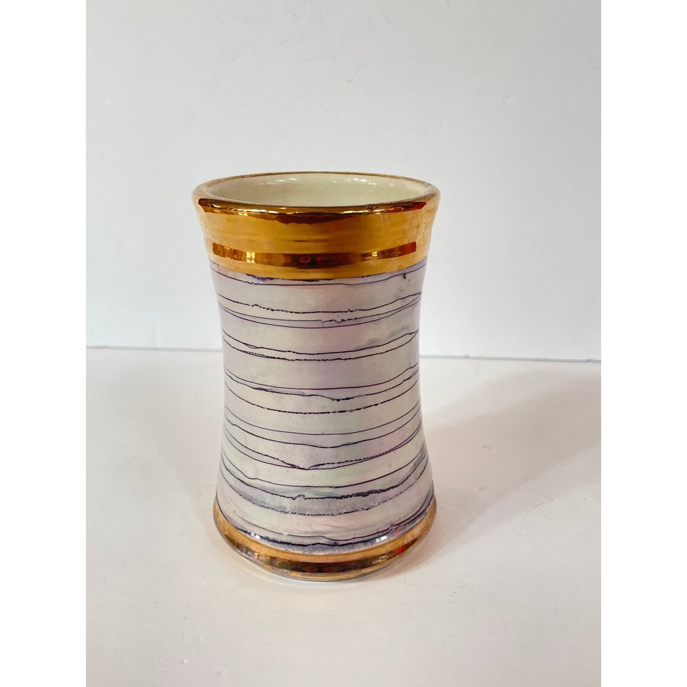 Artisinal Lustreware Ceramic Vase Gold‎ Trim Iridescent Stripe 6" Signed